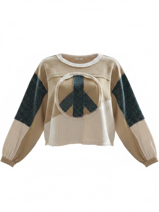 POL Tops - POL Patchwork Peace Sign Pullover - Beige & Teal